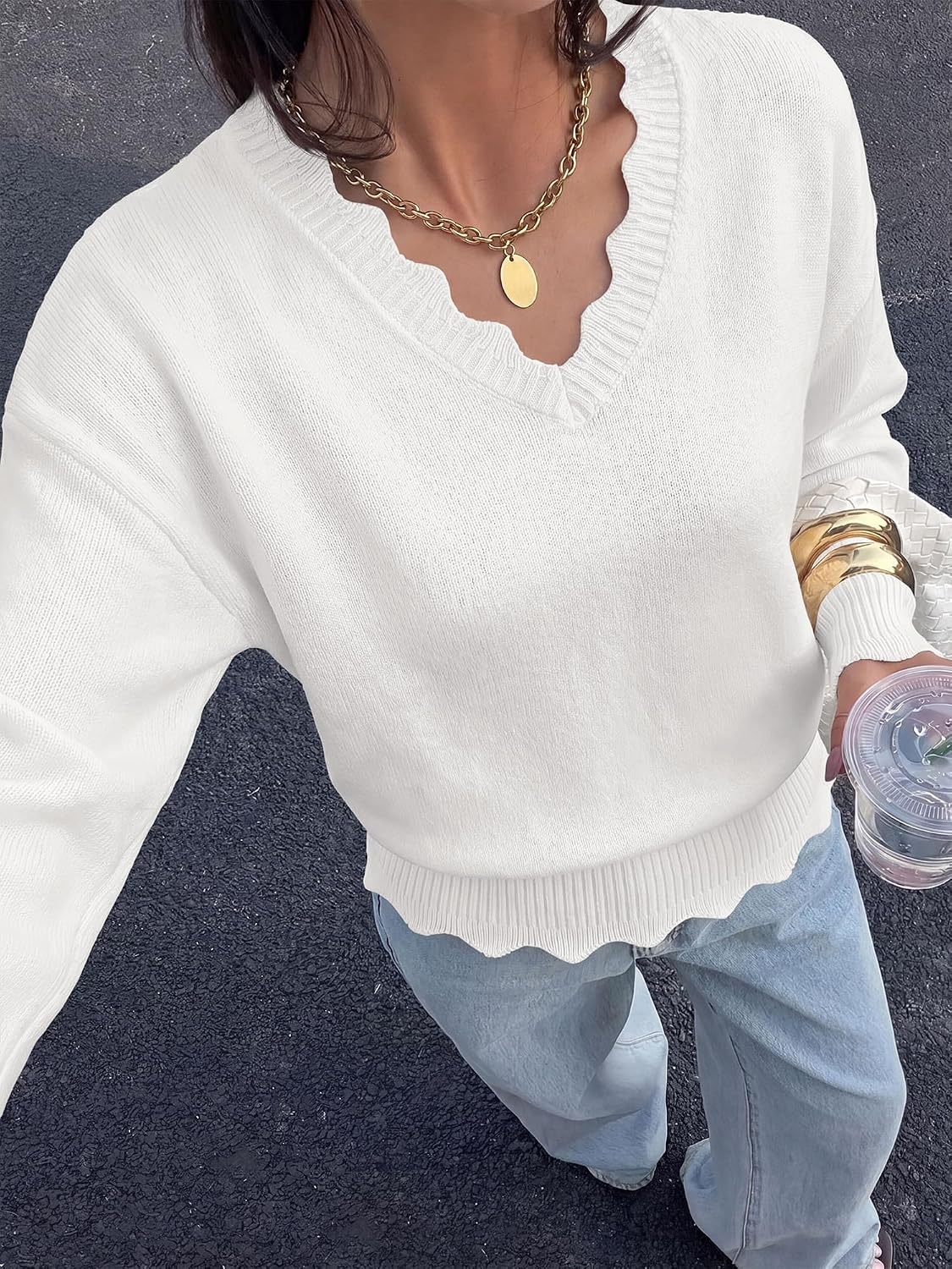 image:imageBTFBM Fall Long Sleeve Sweaters for Women V NeckDrop ShouldersScallop EdgesLightweight Knit Sweaters TopDaily WearHolidayChristmasWinter Clothing 2026White