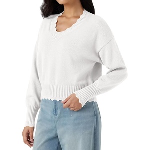 BTFBM Fall Long Sleeve Sweaters for Women | V Neck,Drop Shoulders,Scallop Edges,Lightweight Knit Sweaters Top,Daily Wear,Holiday,Christmas,Winter Clothing 2026(White)