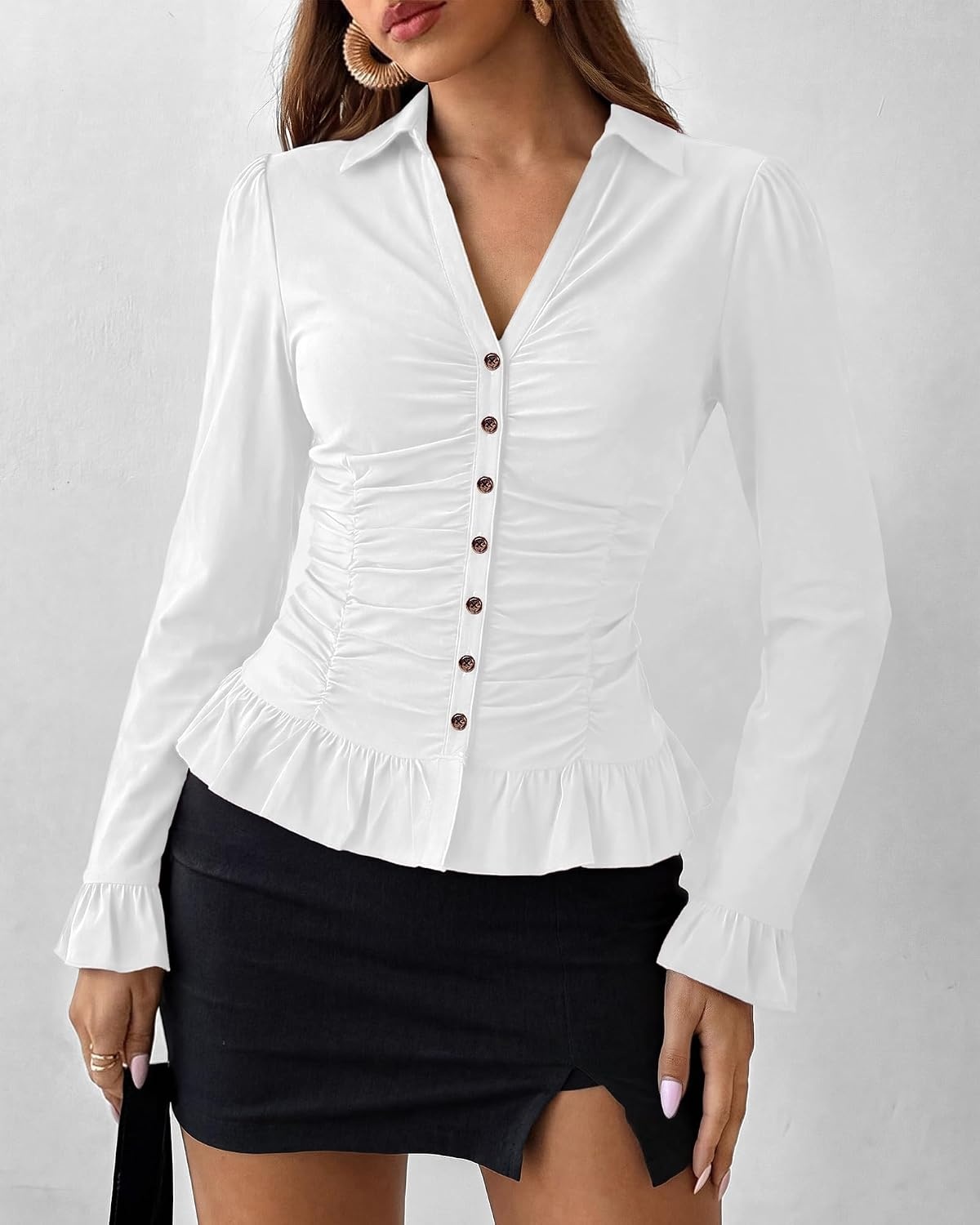 image:imageBTFBM Fitted Button Down Shirts for Women Dressy Casual Tops Collar V Neck Long Sleeve Ruched Tops Stretchy Ruffle Blouses Fall Fashion Clothing 2026 Work Date Night Going Out OutfitsWhite
