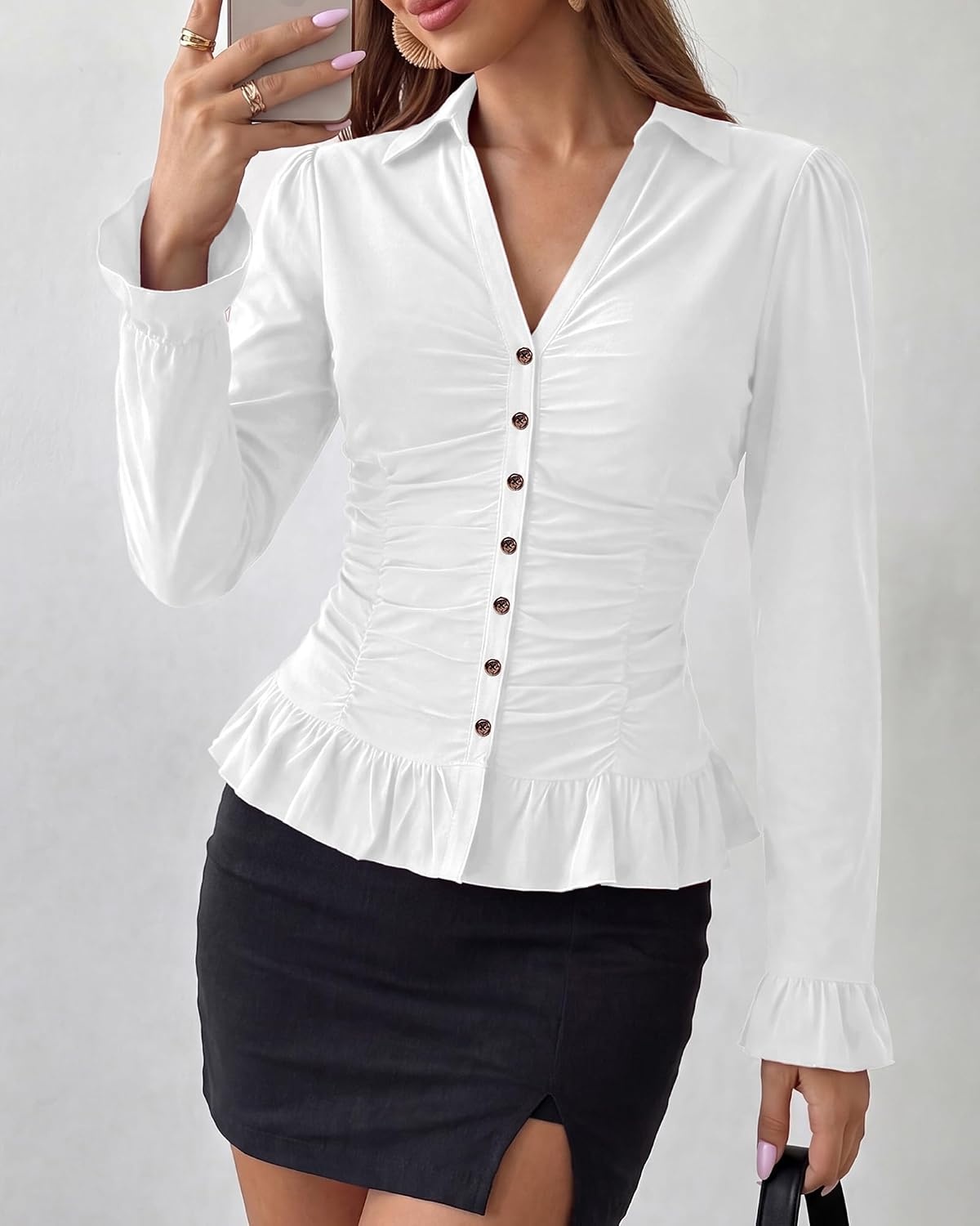 image:imageBTFBM Fitted Button Down Shirts for Women Dressy Casual Tops Collar V Neck Long Sleeve Ruched Tops Stretchy Ruffle Blouses Fall Fashion Clothing 2026 Work Date Night Going Out OutfitsWhite