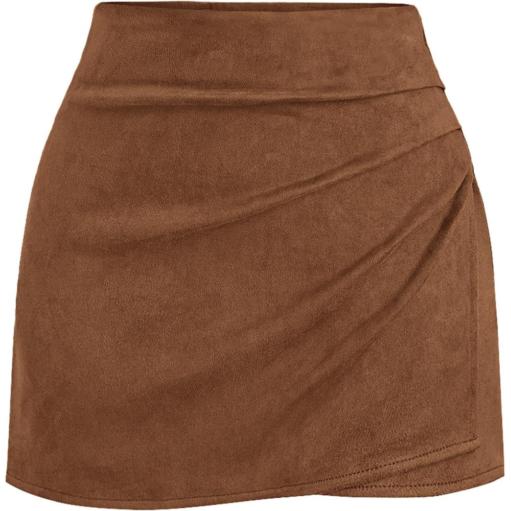 image:imageBTFBM Faux Suede Mini Skirts for Women Ruched Wrap Skorts Elastic High Waisted Skirt With Shorts Underneath Cute Boho Skort Holiday Western Concert Outfits Trendy Winter Fall 2026Brown