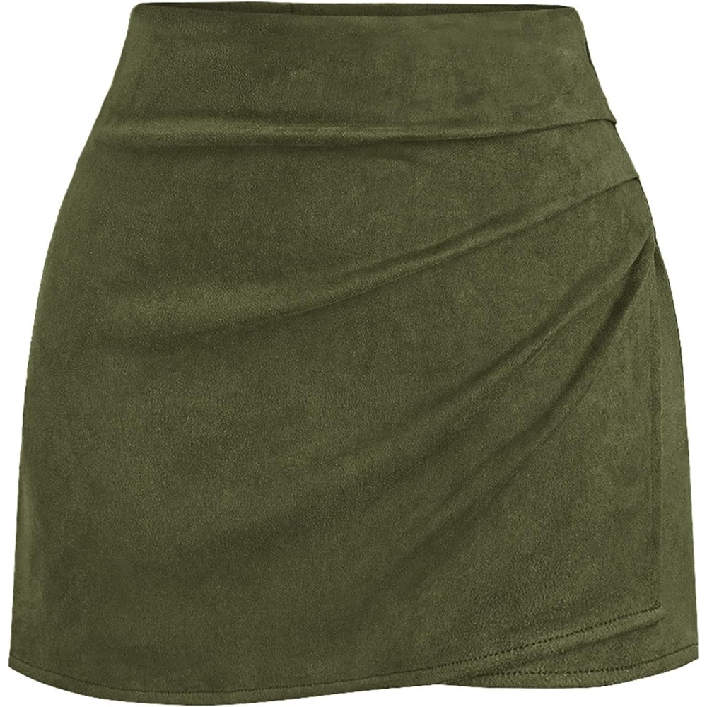 image:imageBTFBM Faux Suede Mini Skirts for Women Ruched Wrap Skorts Elastic High Waisted Skirt With Shorts Underneath Cute Boho Skort Holiday Western Concert Outfits Trendy Winter Fall 2026Army Green