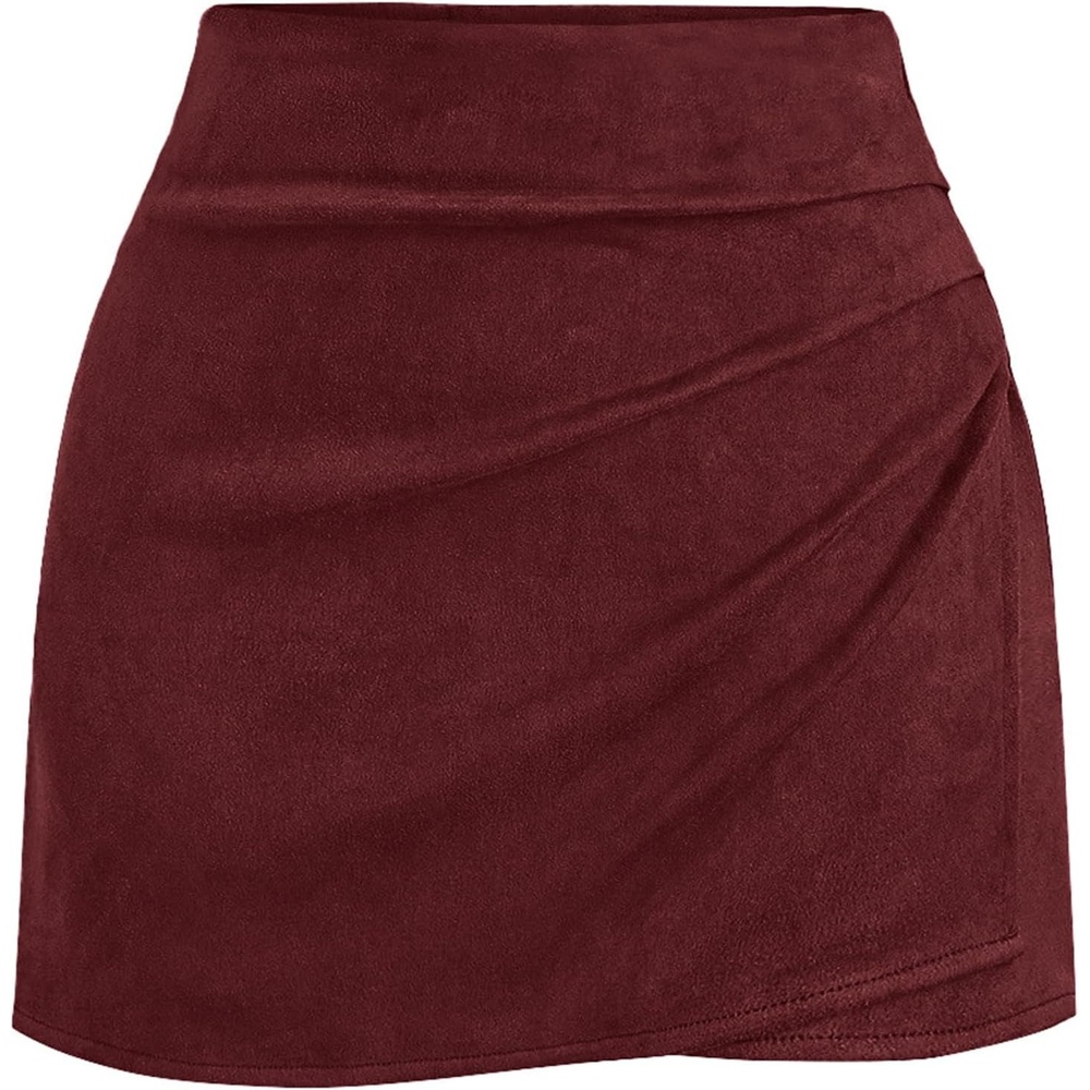 image:imageBTFBM Faux Suede Mini Skirts for Women Ruched Wrap Skorts Elastic High Waisted Skirt With Shorts Underneath Cute Boho Skort Holiday Western Concert Outfits Trendy Winter Fall 2026Burgundy