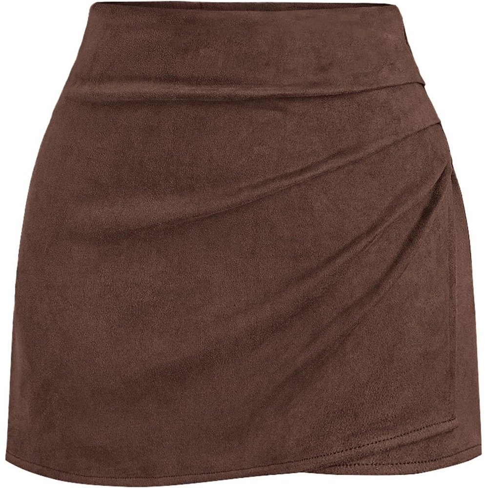 image:imageBTFBM Faux Suede Mini Skirts for Women Ruched Wrap Skorts Elastic High Waisted Skirt With Shorts Underneath Cute Boho Skort Holiday Western Concert Outfits Trendy Winter Fall 2026Coffee