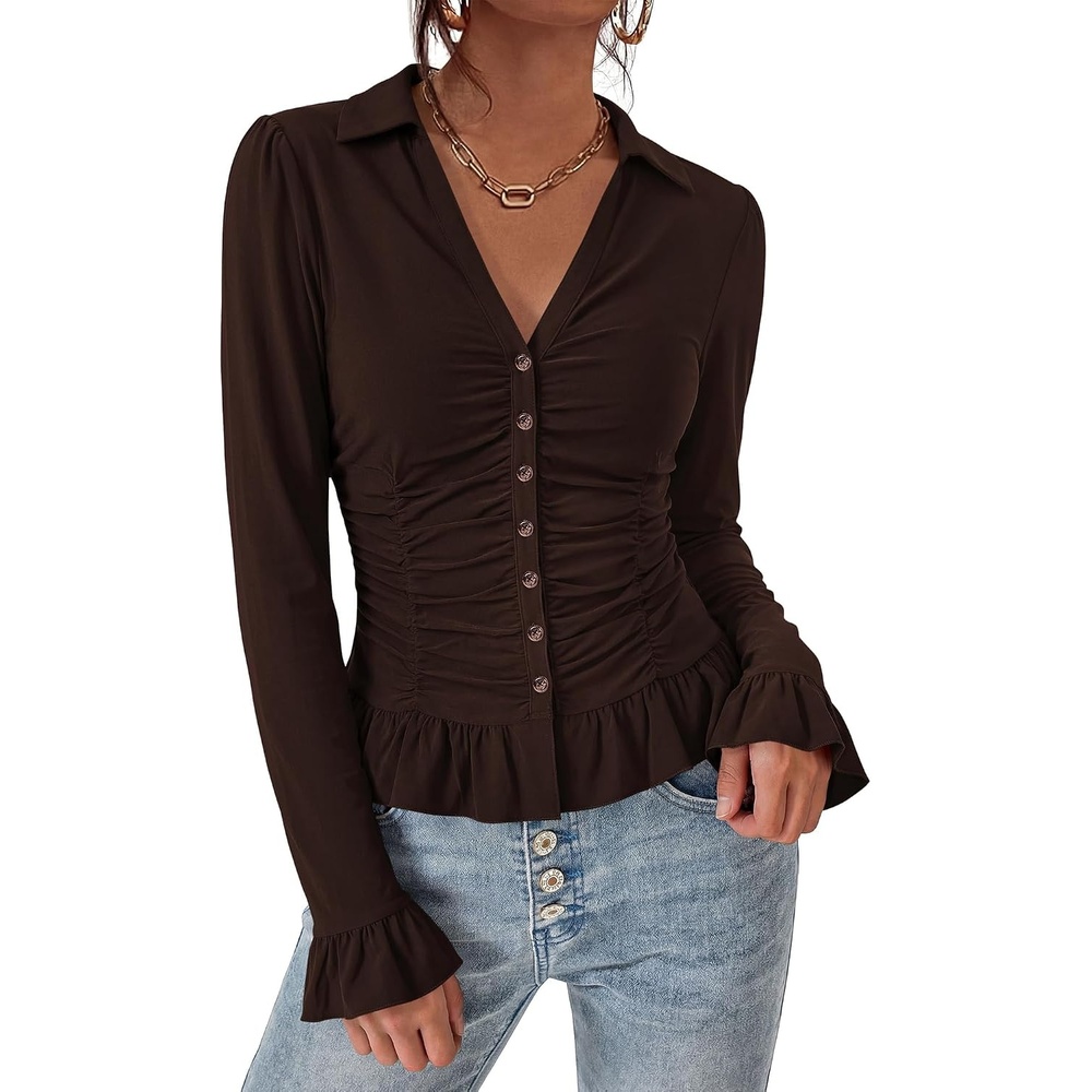 image:imageBTFBM Fitted Button Down Shirts for Women Dressy Casual Tops  Collar V Neck Long Sleeve Ruched Tops Stretchy Ruffle Blouses Fall Fashion Clothing 2026 Work Date Night Going Out OutfitsCoffee