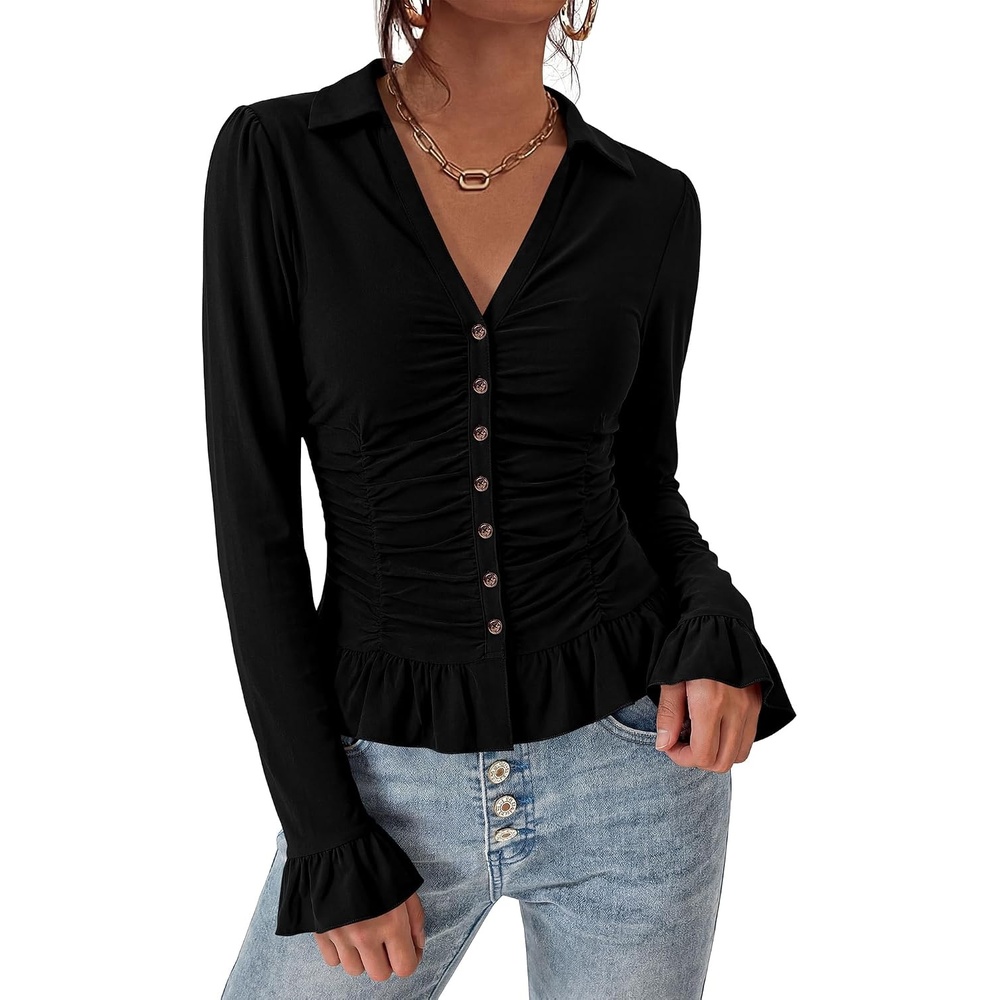 image:imageBTFBM Fitted Button Down Shirts for Women Dressy Casual Tops  Collar V Neck Long Sleeve Ruched Tops Stretchy Ruffle Blouses Fall Fashion Clothing 2026 Work Date Night Going Out OutfitsBlack