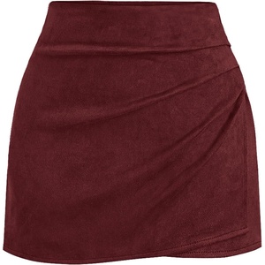 BTFBM Faux Suede Mini Skirts for Women Ruched Wrap Skorts | Elastic High Waisted Skirt With Shorts Underneath, Cute Boho Skort, Holiday Western Concert Outfits, Trendy Winter Fall 2026(Burgundy)