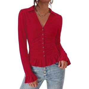 BTFBM Fitted Button Down Shirts for Women Dressy Casual Tops | Collar V Neck Long Sleeve Ruched Tops, Stretchy Ruffle Blouses, Fall Fashion Clothing 2026, Work Date Night Going Out Outfits(Red)