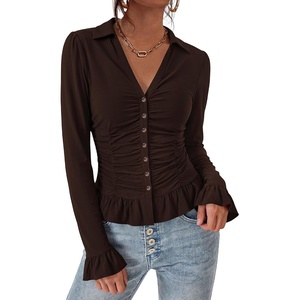 BTFBM Fitted Button Down Shirts for Women Dressy Casual Tops | Collar V Neck Long Sleeve Ruched Tops, Stretchy Ruffle Blouses, Fall Fashion Clothing 2026, Work Date Night Going Out Outfits(Coffee)