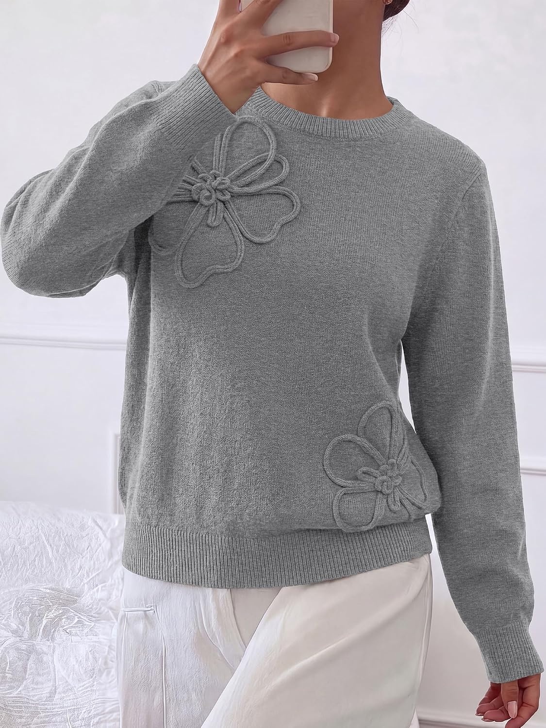 image:imageBTFBM Fall Long Sleeve Sweaters for Women Trendy Lightweight Knit Sweater Cute 3D Flower Embroidery Crew Neck TopsBusiness CasualHoliday2026 Winter ClothesGrey