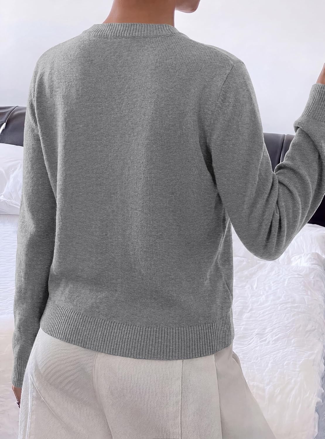 image:imageBTFBM Fall Long Sleeve Sweaters for Women Trendy Lightweight Knit Sweater Cute 3D Flower Embroidery Crew Neck TopsBusiness CasualHoliday2026 Winter ClothesGrey