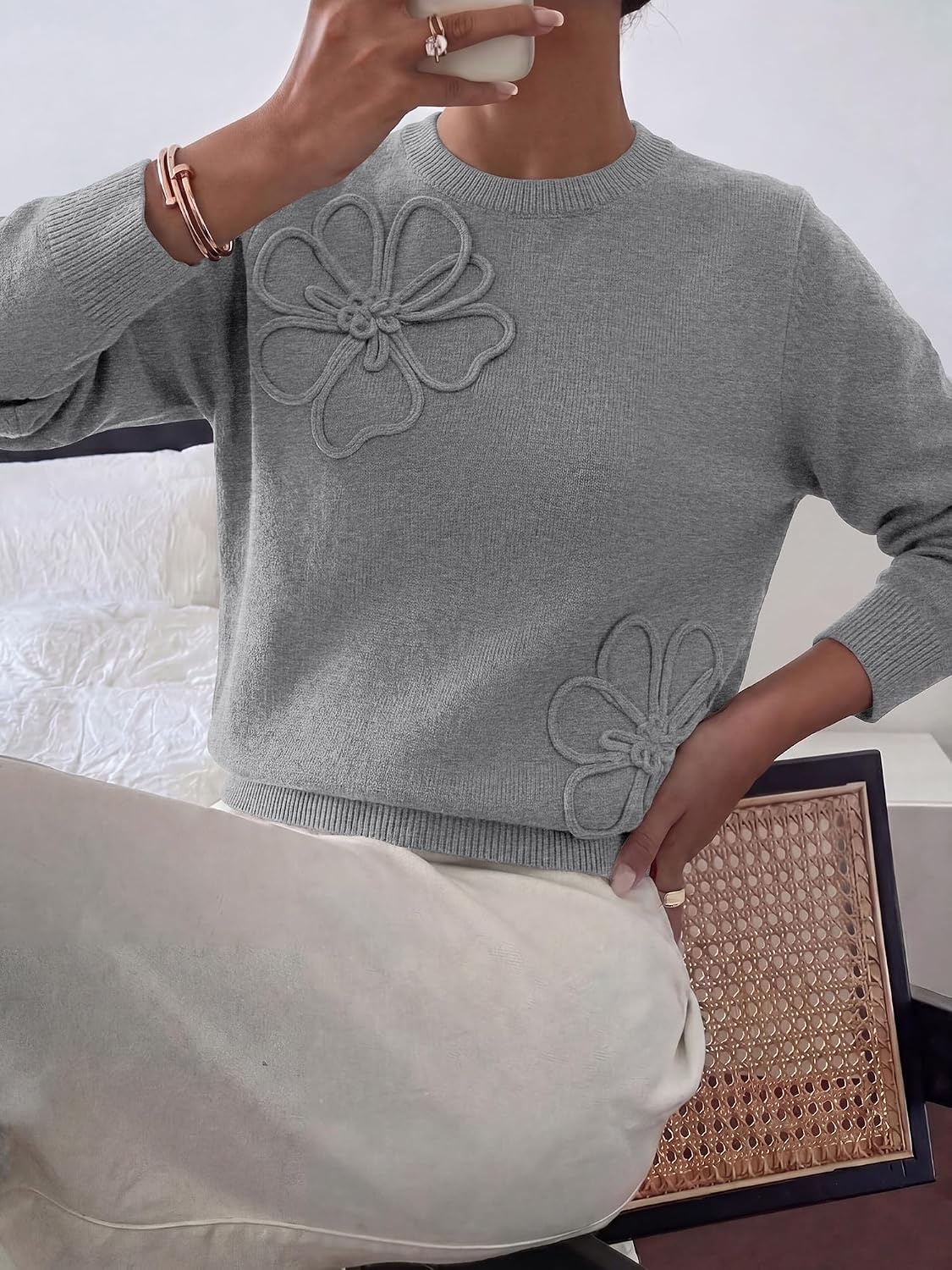 image:imageBTFBM Fall Long Sleeve Sweaters for Women Trendy Lightweight Knit Sweater Cute 3D Flower Embroidery Crew Neck TopsBusiness CasualHoliday2026 Winter ClothesGrey