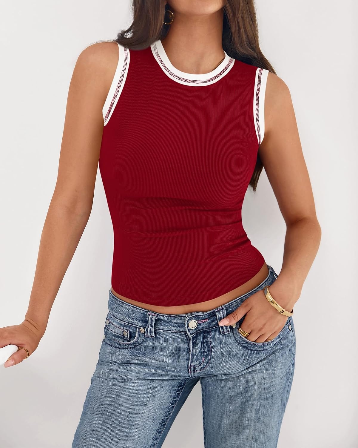 image:imageBTFBM High Neck Tank Top for Women Sleeveless Ribbed Soft Y2k Clothes Stretchy Fitted Basic Shirts Country Concert Going Out Outfits Spring Summer Tops Fashion Clothing 2026Burgundy