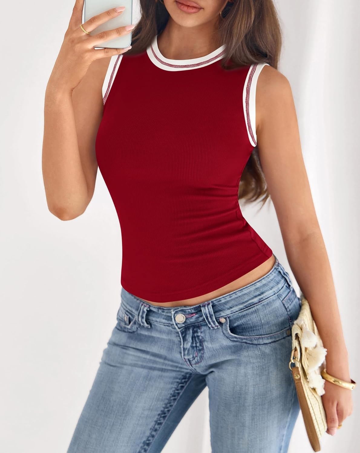 image:imageBTFBM High Neck Tank Top for Women Sleeveless Ribbed Soft Y2k Clothes Stretchy Fitted Basic Shirts Country Concert Going Out Outfits Spring Summer Tops Fashion Clothing 2026Burgundy