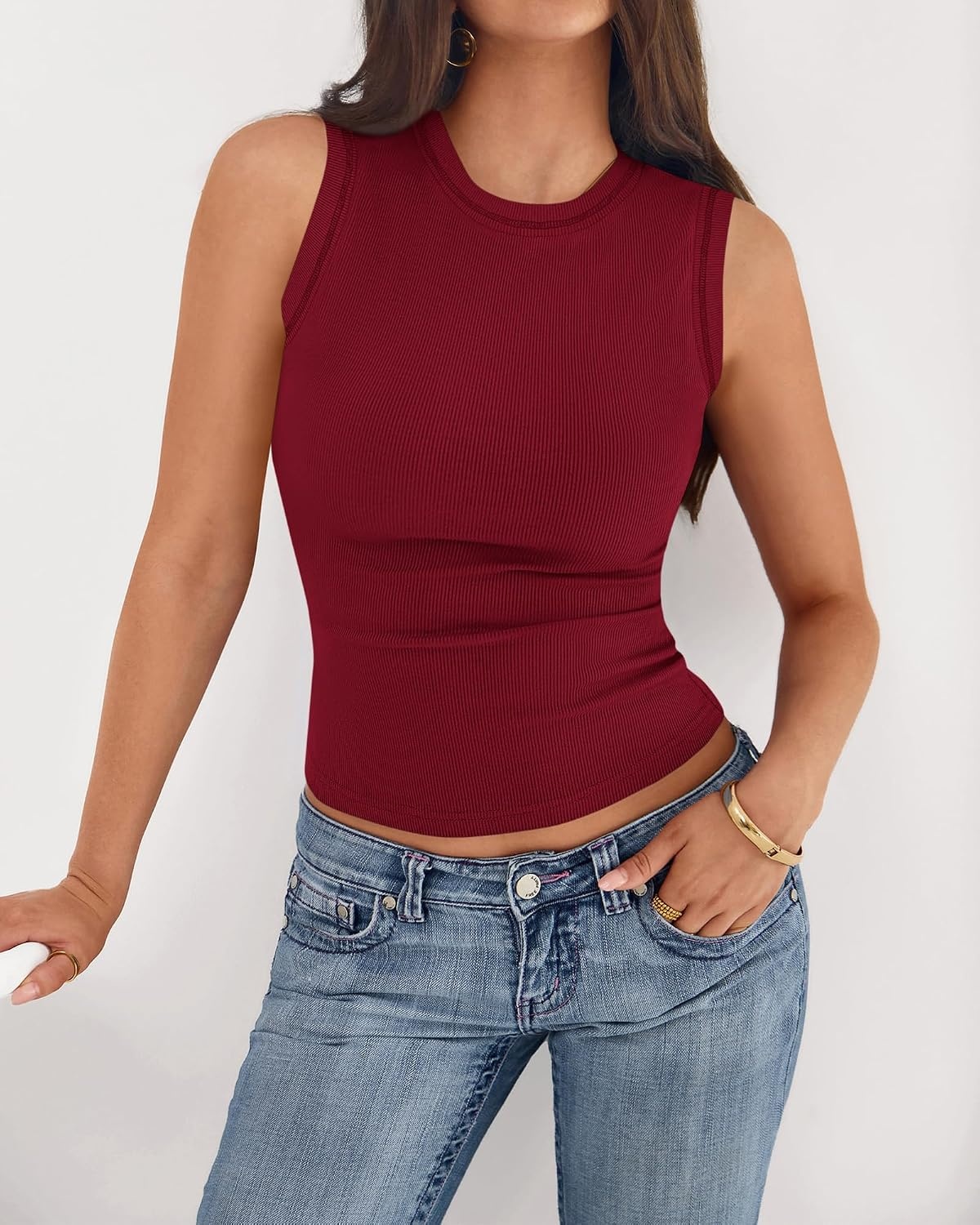 image:imageBTFBM High Neck Tank Top for Women Sleeveless Ribbed Soft Y2k Clothes Stretchy Fitted Basic Shirts Country Concert Going Out Outfits Spring Summer Tops Fashion Clothing 2026Solid Burgundy