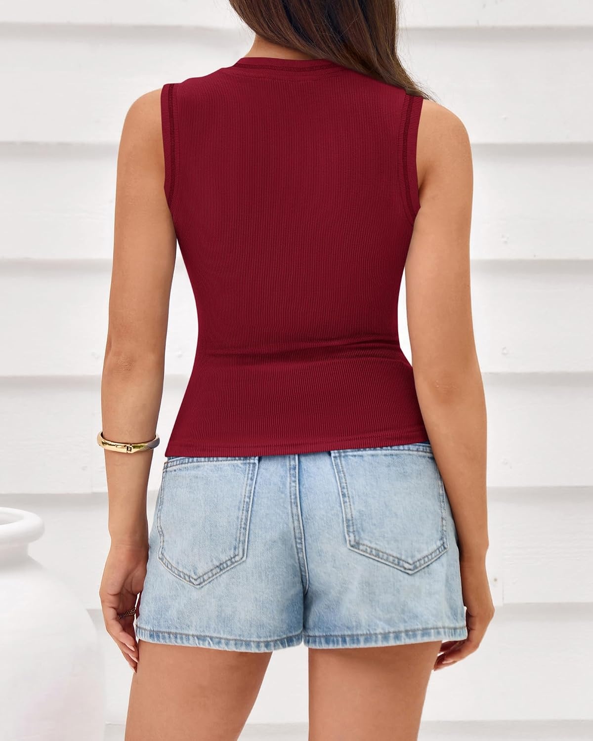 image:imageBTFBM High Neck Tank Top for Women Sleeveless Ribbed Soft Y2k Clothes Stretchy Fitted Basic Shirts Country Concert Going Out Outfits Spring Summer Tops Fashion Clothing 2026Solid Burgundy