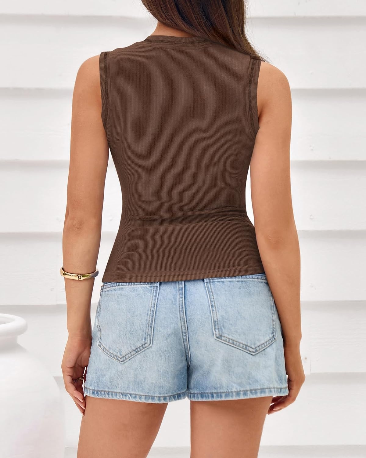 image:imageBTFBM High Neck Tank Top for Women Sleeveless Ribbed Soft Y2k Clothes Stretchy Fitted Basic Shirts Country Concert Going Out Outfits Spring Summer Tops Fashion Clothing 2026Solid Brown