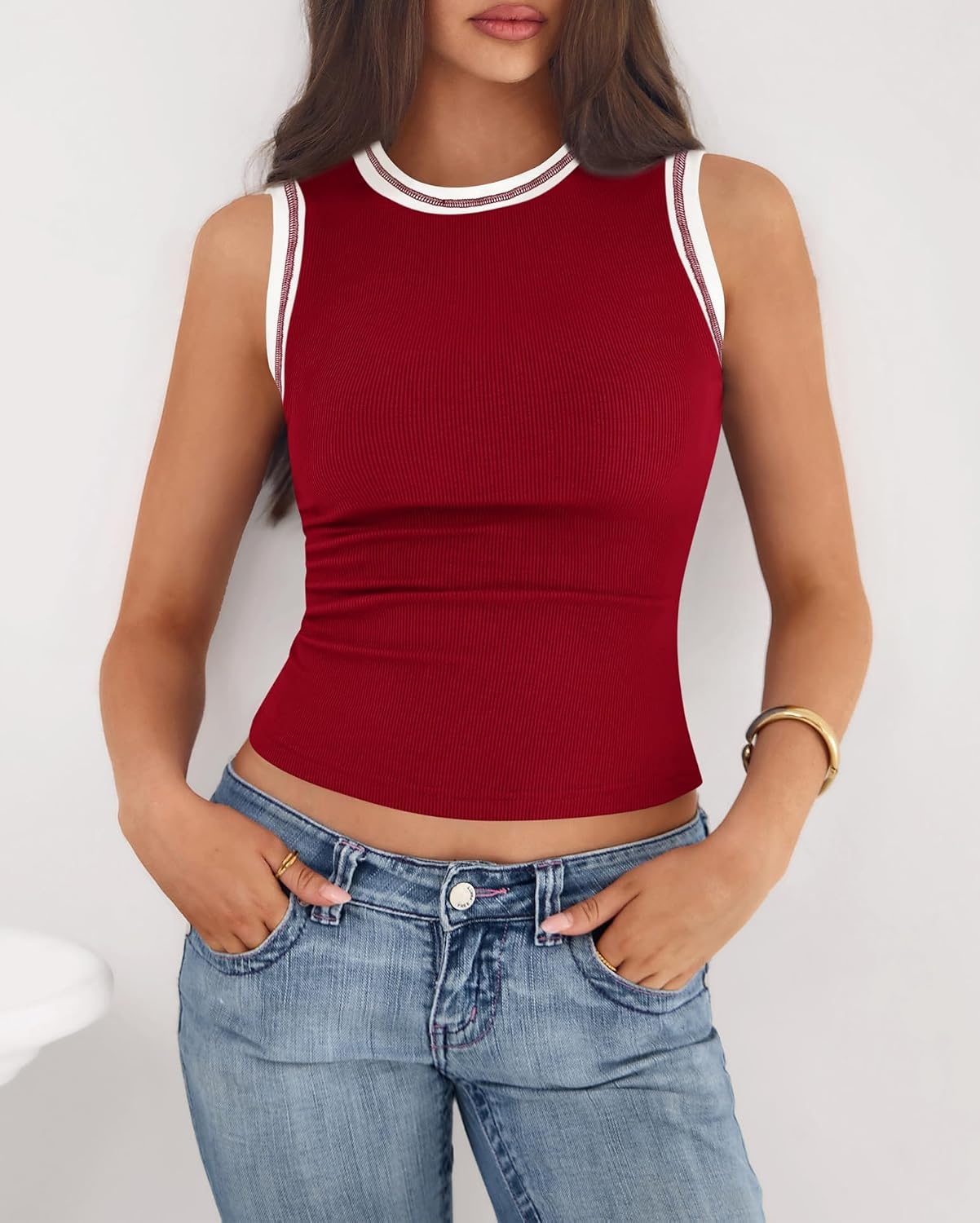 image:imageBTFBM High Neck Tank Top for Women Sleeveless Ribbed Soft Y2k Clothes Stretchy Fitted Basic Shirts Country Concert Going Out Outfits Spring Summer Tops Fashion Clothing 2026Burgundy