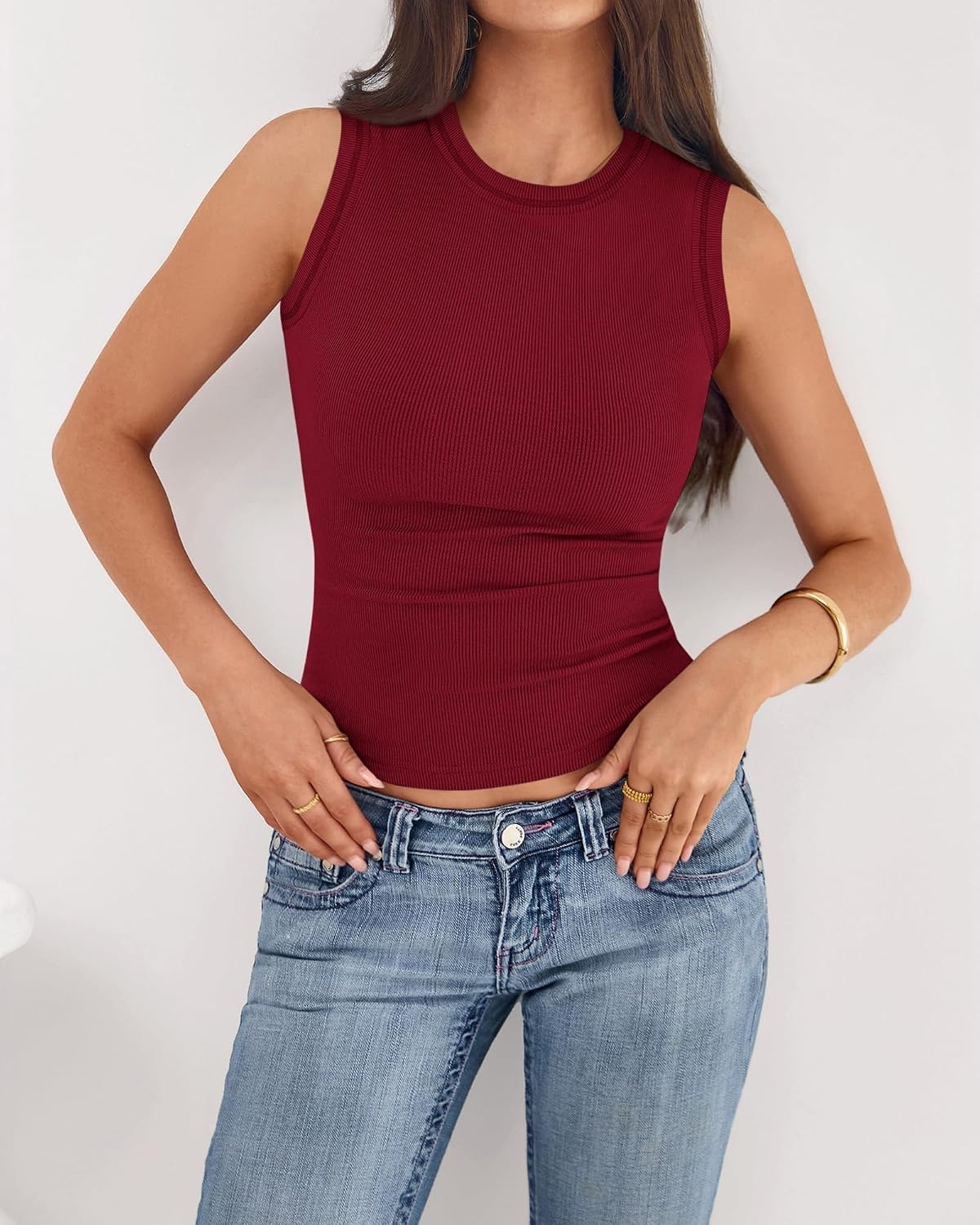 image:imageBTFBM High Neck Tank Top for Women Sleeveless Ribbed Soft Y2k Clothes Stretchy Fitted Basic Shirts Country Concert Going Out Outfits Spring Summer Tops Fashion Clothing 2026Solid Burgundy