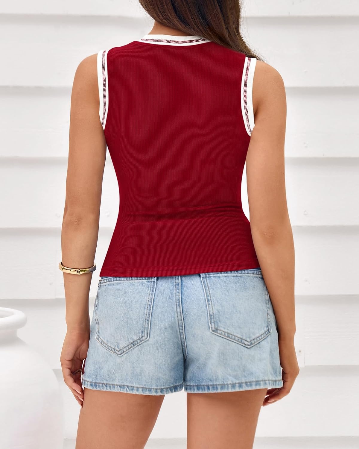 image:imageBTFBM High Neck Tank Top for Women Sleeveless Ribbed Soft Y2k Clothes Stretchy Fitted Basic Shirts Country Concert Going Out Outfits Spring Summer Tops Fashion Clothing 2026Burgundy