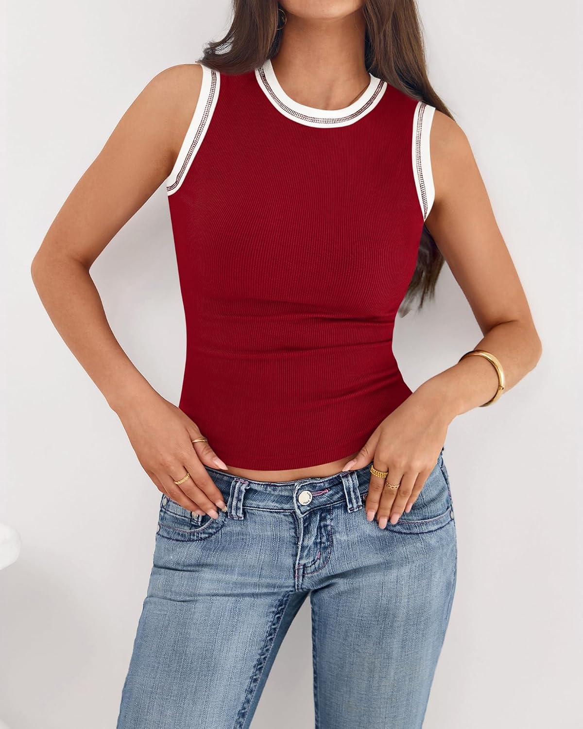 image:imageBTFBM High Neck Tank Top for Women Sleeveless Ribbed Soft Y2k Clothes Stretchy Fitted Basic Shirts Country Concert Going Out Outfits Spring Summer Tops Fashion Clothing 2026Burgundy