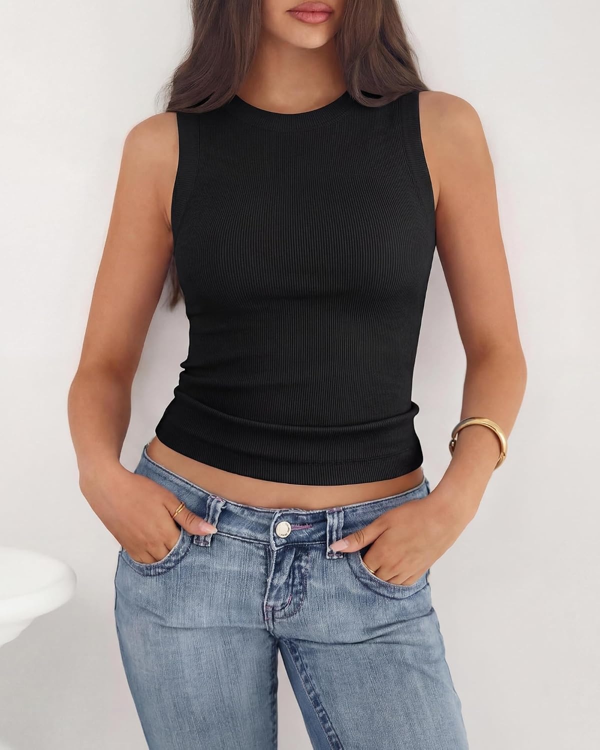 image:imageBTFBM High Neck Tank Top for Women Sleeveless Ribbed Soft Y2k Clothes Stretchy Fitted Basic Shirts Country Concert Going Out Outfits Spring Summer Tops Fashion Clothing 2026Solid Black