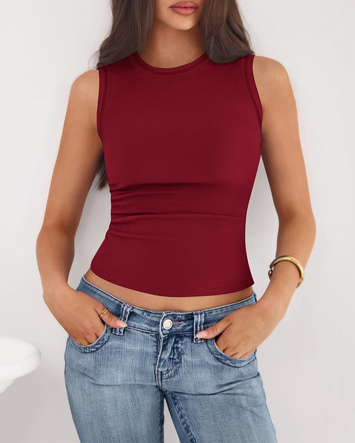 image:imageBTFBM High Neck Tank Top for Women Sleeveless Ribbed Soft Y2k Clothes Stretchy Fitted Basic Shirts Country Concert Going Out Outfits Spring Summer Tops Fashion Clothing 2026Solid Burgundy