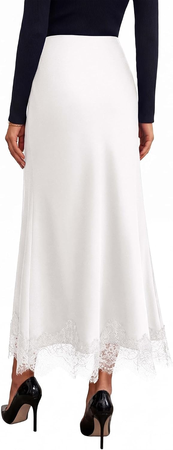 image:imageBTFBM Lace Trim Satin Skirts for Women Elegant Lightweight High Waist ALine Flowy Maxi Skirt Wedding Cocktail Graduation Holiday Outfits Fall Fashion Clothing 2026White