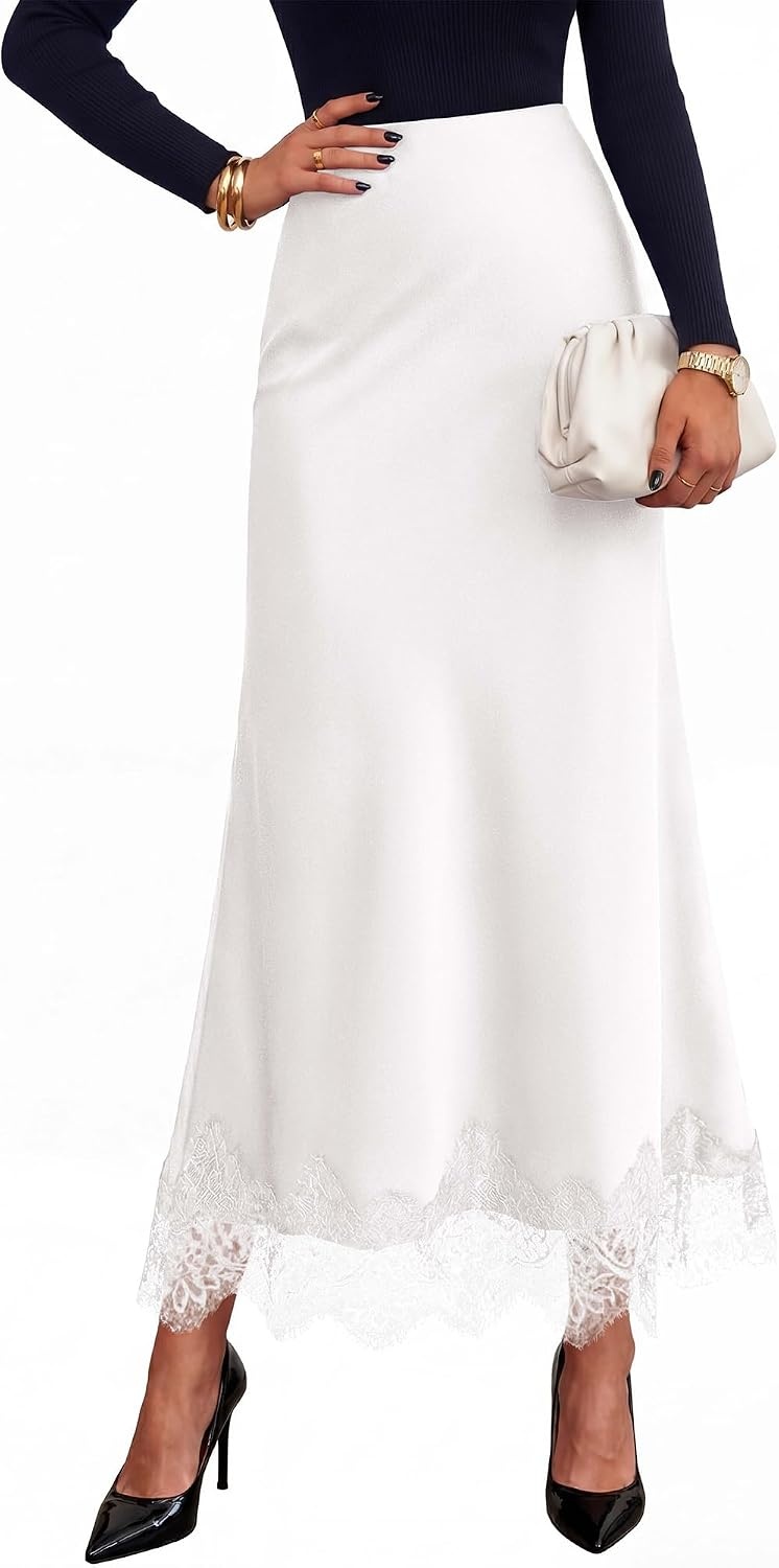 image:imageBTFBM Lace Trim Satin Skirts for Women Elegant Lightweight High Waist ALine Flowy Maxi Skirt Wedding Cocktail Graduation Holiday Outfits Fall Fashion Clothing 2026White