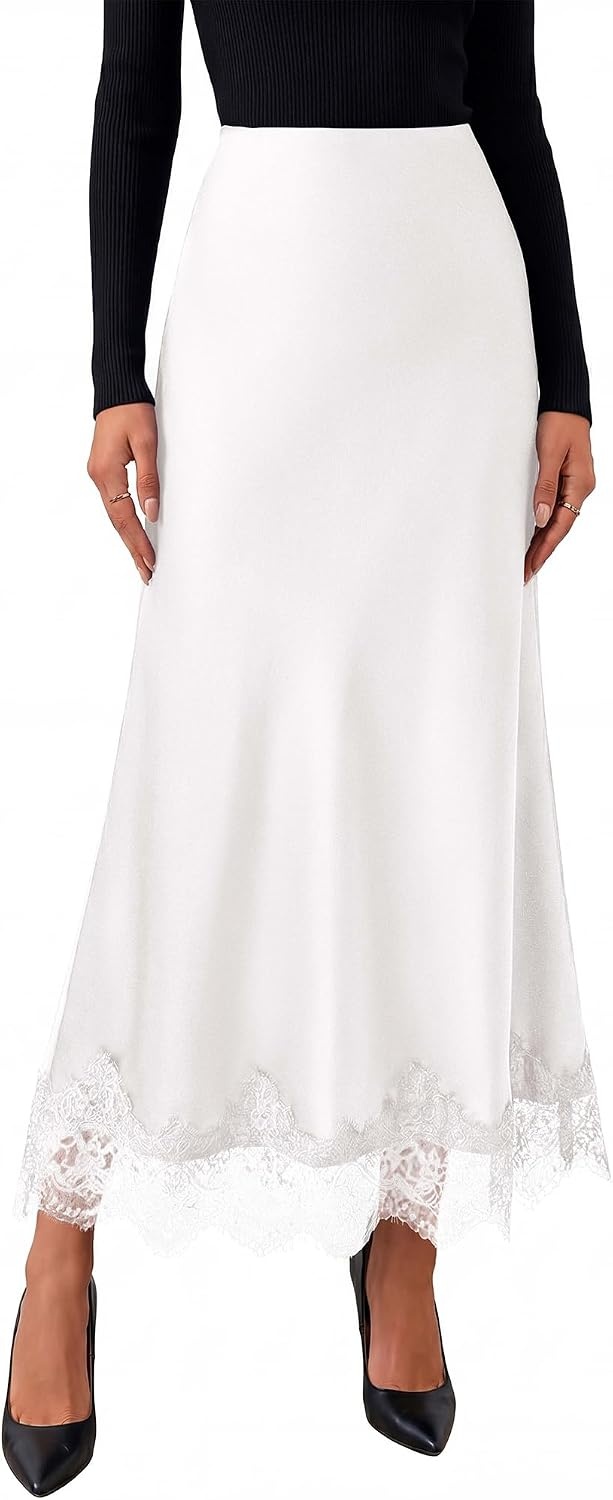 image:imageBTFBM Lace Trim Satin Skirts for Women Elegant Lightweight High Waist ALine Flowy Maxi Skirt Wedding Cocktail Graduation Holiday Outfits Fall Fashion Clothing 2026White