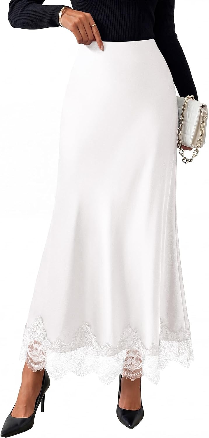 image:imageBTFBM Lace Trim Satin Skirts for Women Elegant Lightweight High Waist ALine Flowy Maxi Skirt Wedding Cocktail Graduation Holiday Outfits Fall Fashion Clothing 2026White