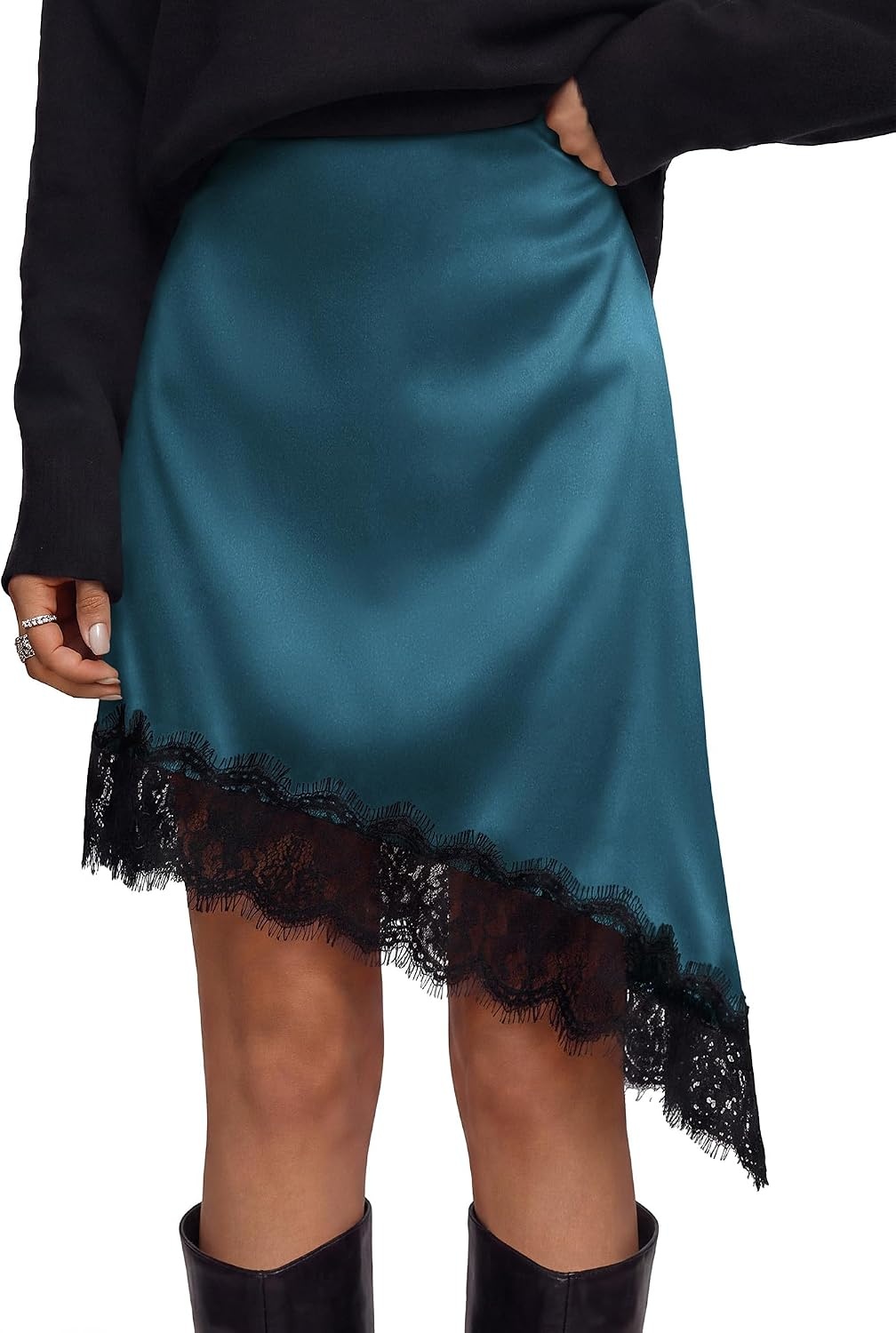 image:imageBTFBM Satin Mini Skirts for Women 2026 Lace Fall Skirt Asymmetrical Lace Trim Hem High Waist Patchwork Skirt Dressy Casual Short Silk Skirts Date Night Cocktail Wedding GuestLake Blue
