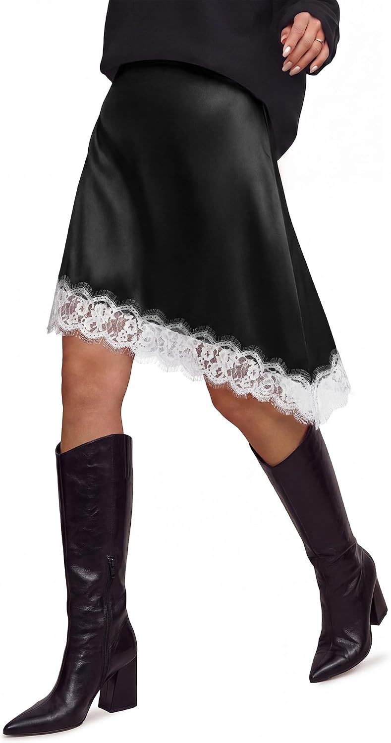 image:imageBTFBM Satin Mini Skirts for Women 2026 Lace Fall Skirt Asymmetrical Lace Trim Hem High Waist Patchwork Skirt Dressy Casual Short Silk Skirts Date Night Cocktail Wedding GuestBlack