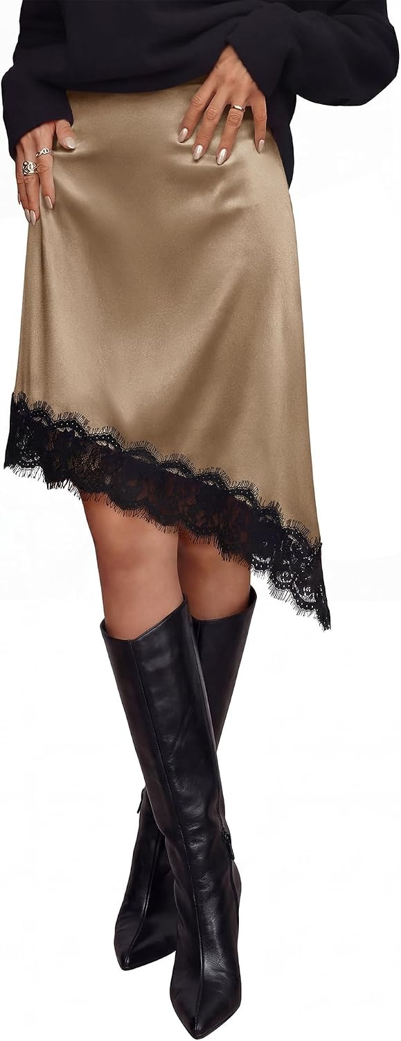 image:imageBTFBM Satin Mini Skirts for Women 2026 Lace Fall Skirt Asymmetrical Lace Trim Hem High Waist Patchwork Skirt Dressy Casual Short Silk Skirts Date Night Cocktail Wedding GuestCoffee