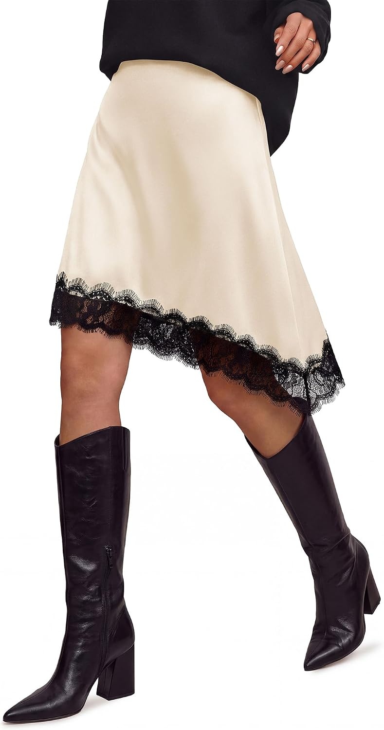 image:imageBTFBM Satin Mini Skirts for Women 2026 Lace Fall Skirt Asymmetrical Lace Trim Hem High Waist Patchwork Skirt Dressy Casual Short Silk Skirts Date Night Cocktail Wedding GuestBeige