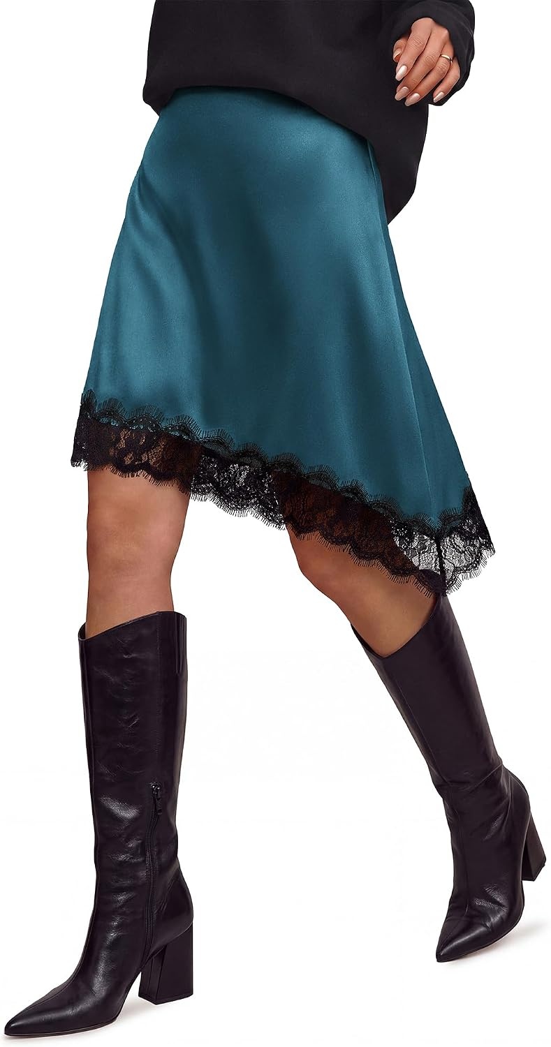 image:imageBTFBM Satin Mini Skirts for Women 2026 Lace Fall Skirt Asymmetrical Lace Trim Hem High Waist Patchwork Skirt Dressy Casual Short Silk Skirts Date Night Cocktail Wedding GuestLake Blue