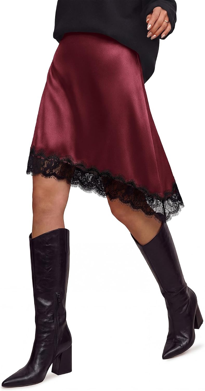 image:imageBTFBM Satin Mini Skirts for Women 2026 Lace Fall Skirt Asymmetrical Lace Trim Hem High Waist Patchwork Skirt Dressy Casual Short Silk Skirts Date Night Cocktail Wedding GuestBurgundy
