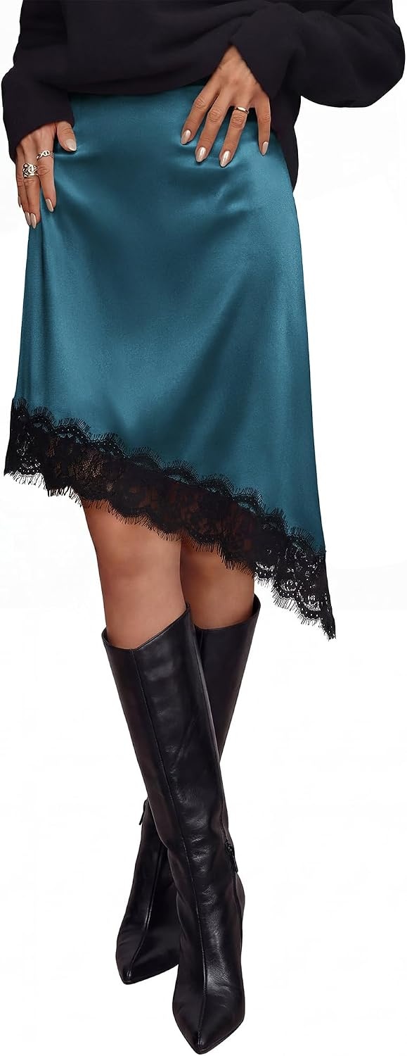 image:imageBTFBM Satin Mini Skirts for Women 2026 Lace Fall Skirt Asymmetrical Lace Trim Hem High Waist Patchwork Skirt Dressy Casual Short Silk Skirts Date Night Cocktail Wedding GuestLake Blue