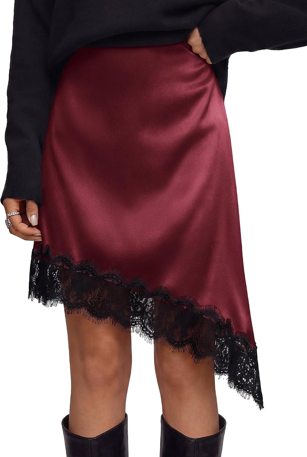 image:imageBTFBM Satin Mini Skirts for Women 2026 Lace Fall Skirt Asymmetrical Lace Trim Hem High Waist Patchwork Skirt Dressy Casual Short Silk Skirts Date Night Cocktail Wedding GuestBurgundy