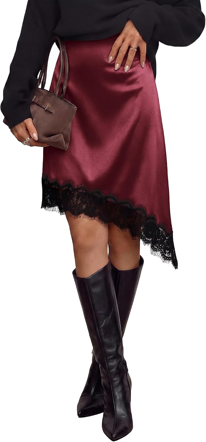 image:imageBTFBM Satin Mini Skirts for Women 2026 Lace Fall Skirt Asymmetrical Lace Trim Hem High Waist Patchwork Skirt Dressy Casual Short Silk Skirts Date Night Cocktail Wedding GuestBurgundy