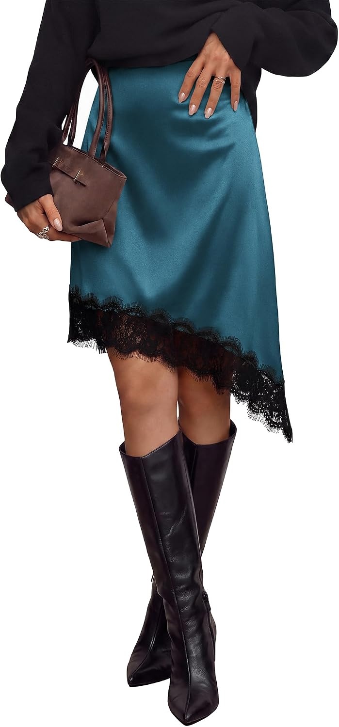 image:imageBTFBM Satin Mini Skirts for Women 2026 Lace Fall Skirt Asymmetrical Lace Trim Hem High Waist Patchwork Skirt Dressy Casual Short Silk Skirts Date Night Cocktail Wedding GuestLake Blue