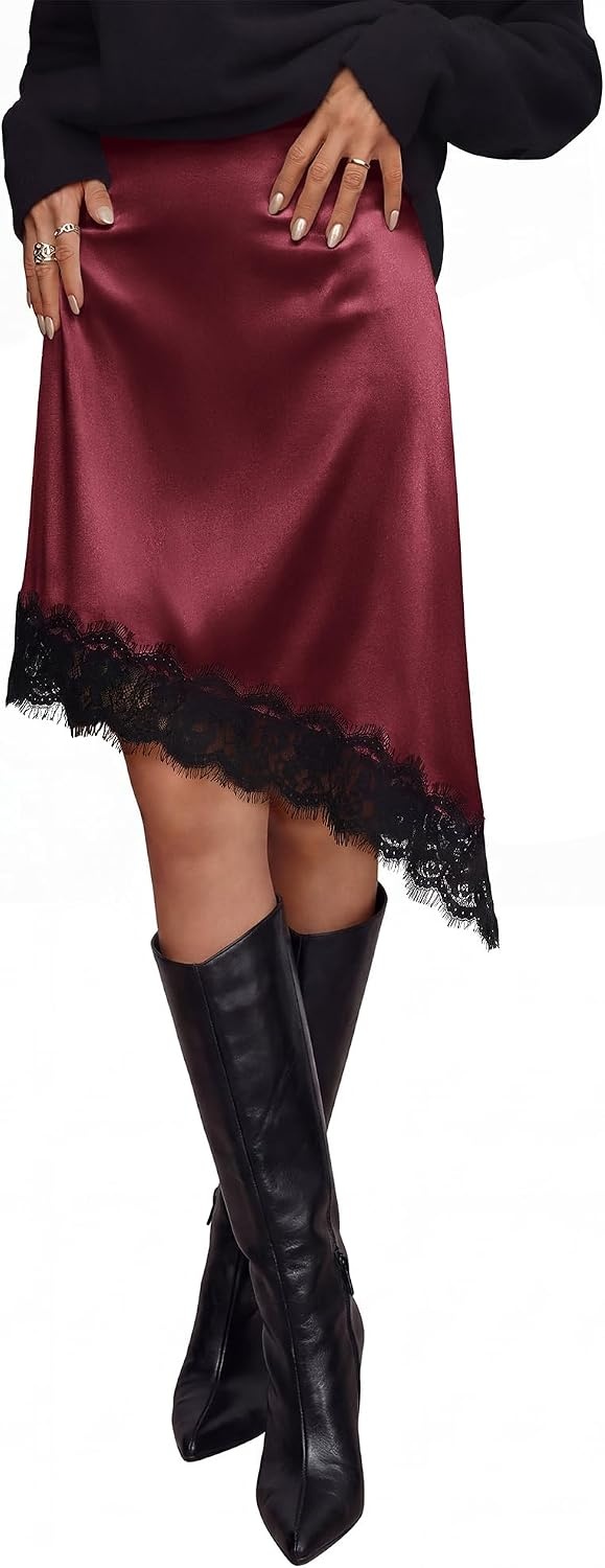 image:imageBTFBM Satin Mini Skirts for Women 2026 Lace Fall Skirt Asymmetrical Lace Trim Hem High Waist Patchwork Skirt Dressy Casual Short Silk Skirts Date Night Cocktail Wedding GuestBurgundy