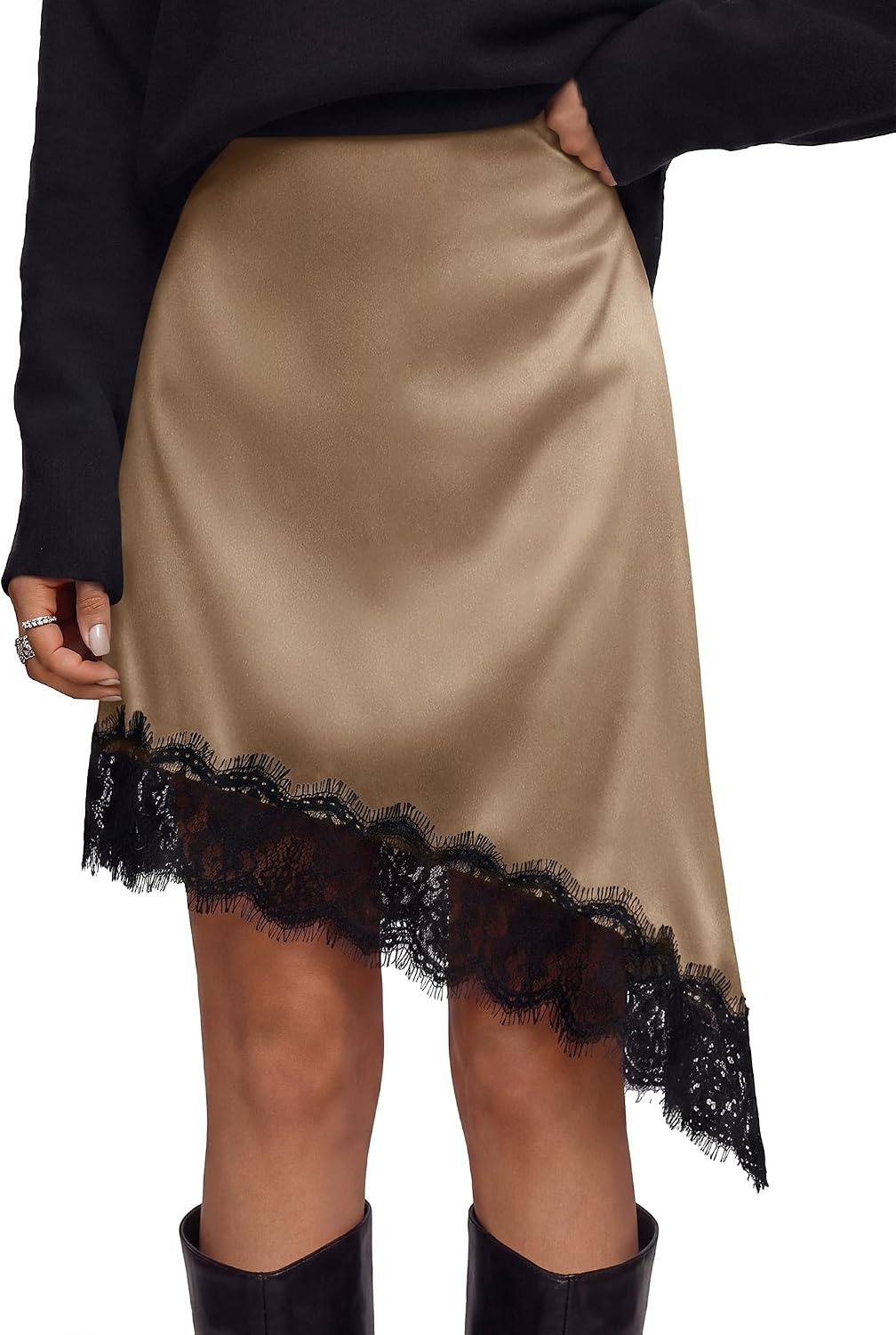 image:imageBTFBM Satin Mini Skirts for Women 2026 Lace Fall Skirt Asymmetrical Lace Trim Hem High Waist Patchwork Skirt Dressy Casual Short Silk Skirts Date Night Cocktail Wedding GuestCoffee