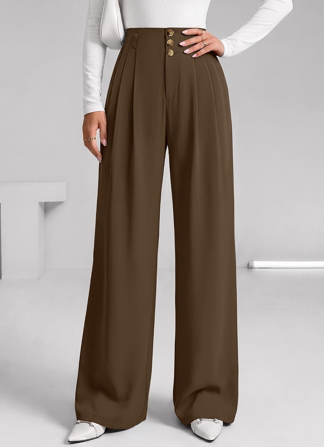 image:imageBTFBM Wide Leg Dress Pants Women Business Casual Outfits Elastic High Waisted Palazzo Pants Button Zip Up Closure Pleated Office Work Trousers With Pockets Fall Fashion 2026Brown