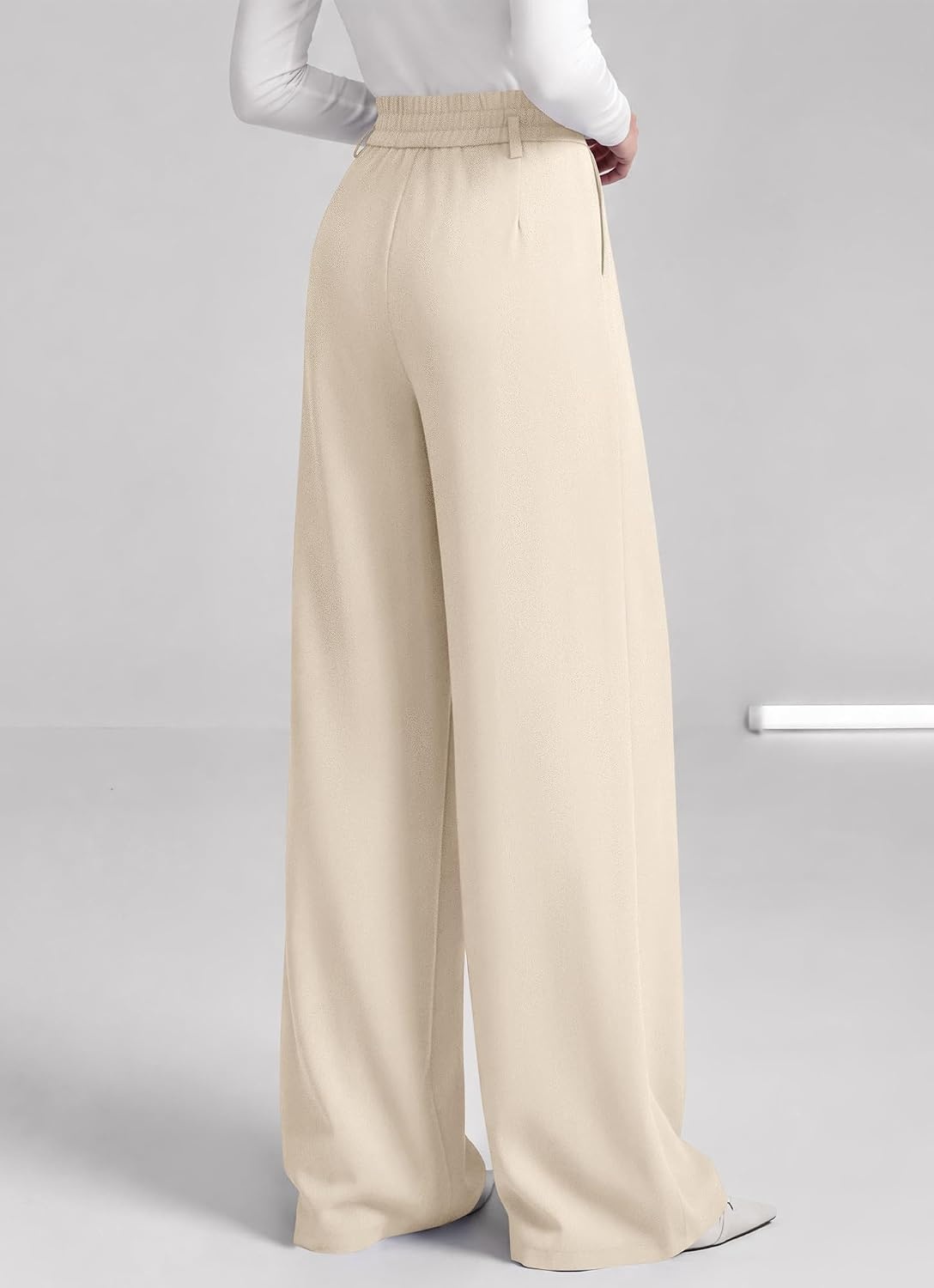 image:imageBTFBM Wide Leg Dress Pants Women Business Casual Outfits Elastic High Waisted Palazzo Pants Button Zip Up Closure Pleated Office Work Trousers With Pockets Fall Fashion 2026Beige