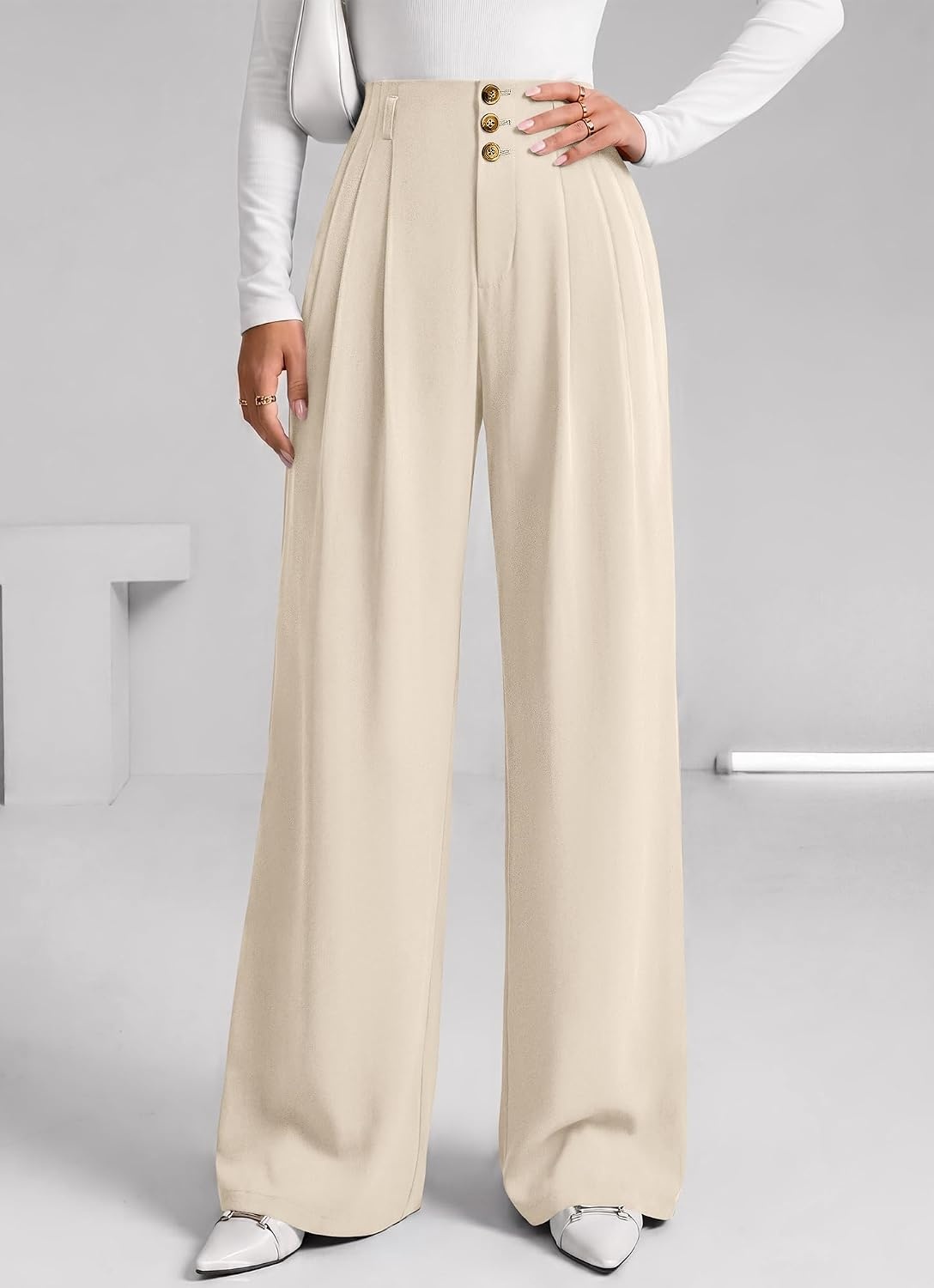 image:imageBTFBM Wide Leg Dress Pants Women Business Casual Outfits Elastic High Waisted Palazzo Pants Button Zip Up Closure Pleated Office Work Trousers With Pockets Fall Fashion 2026Beige