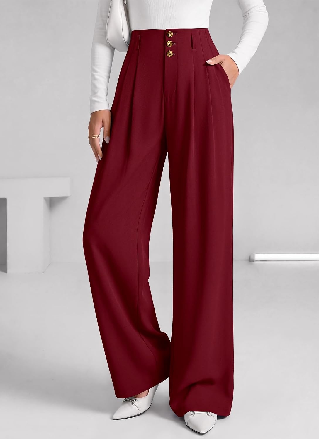 image:imageBTFBM Wide Leg Dress Pants Women Business Casual Outfits Elastic High Waisted Palazzo Pants Button Zip Up Closure Pleated Office Work Trousers With Pockets Fall Fashion 2026Burgundy
