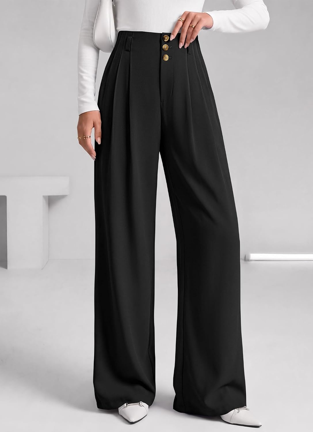 image:imageBTFBM Wide Leg Dress Pants Women Business Casual Outfits Elastic High Waisted Palazzo Pants Button Zip Up Closure Pleated Office Work Trousers With Pockets Fall Fashion 2026Black