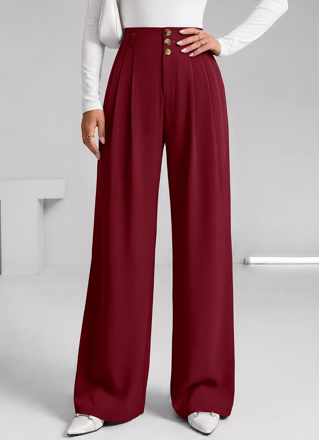image:imageBTFBM Wide Leg Dress Pants Women Business Casual Outfits Elastic High Waisted Palazzo Pants Button Zip Up Closure Pleated Office Work Trousers With Pockets Fall Fashion 2026Burgundy