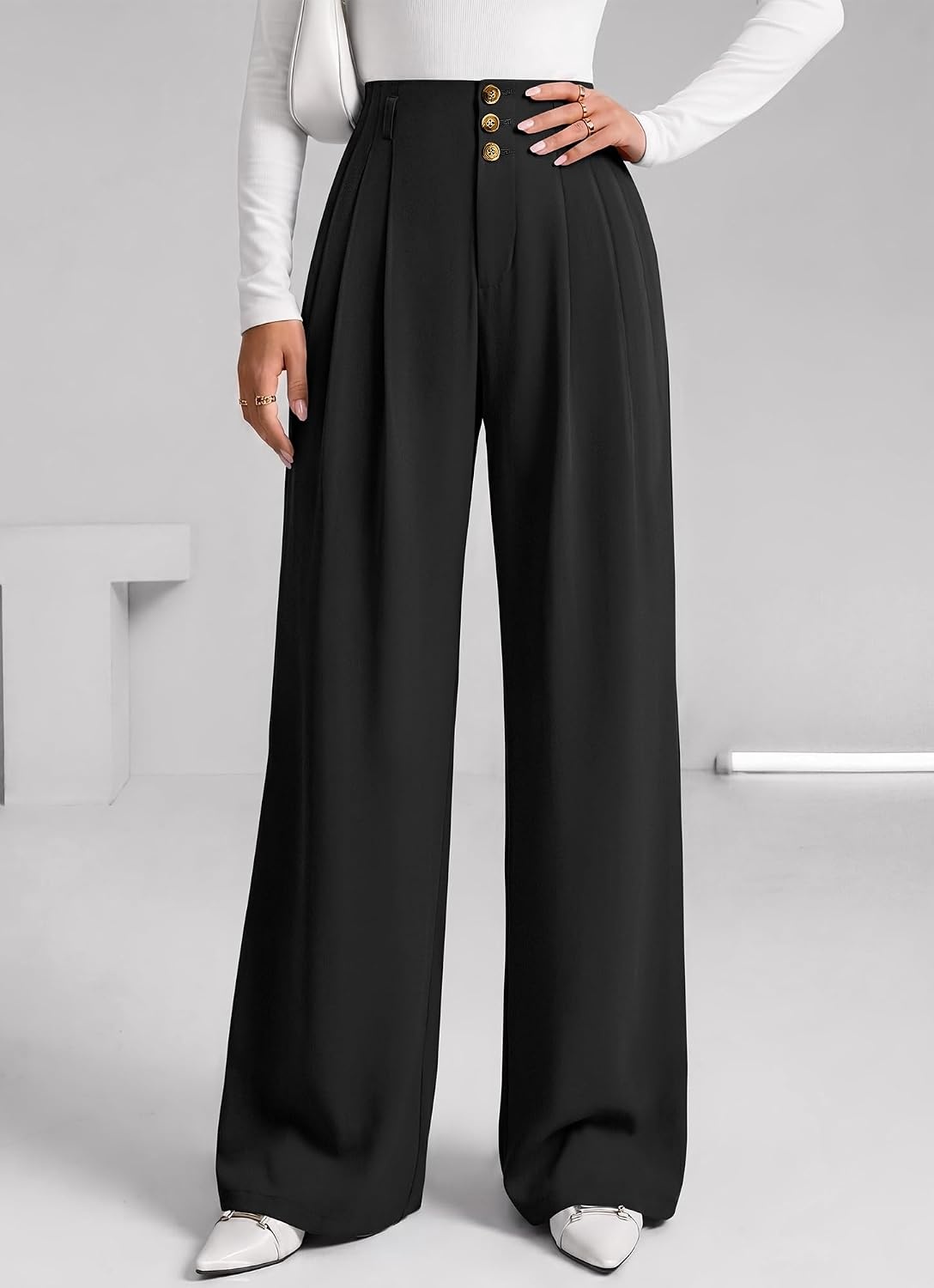 image:imageBTFBM Wide Leg Dress Pants Women Business Casual Outfits Elastic High Waisted Palazzo Pants Button Zip Up Closure Pleated Office Work Trousers With Pockets Fall Fashion 2026Black